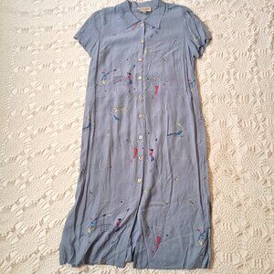 Vtg 90s Y2K Shirt Dress Midi Blue Rayon Lawn Games Print Collared Medium Women M